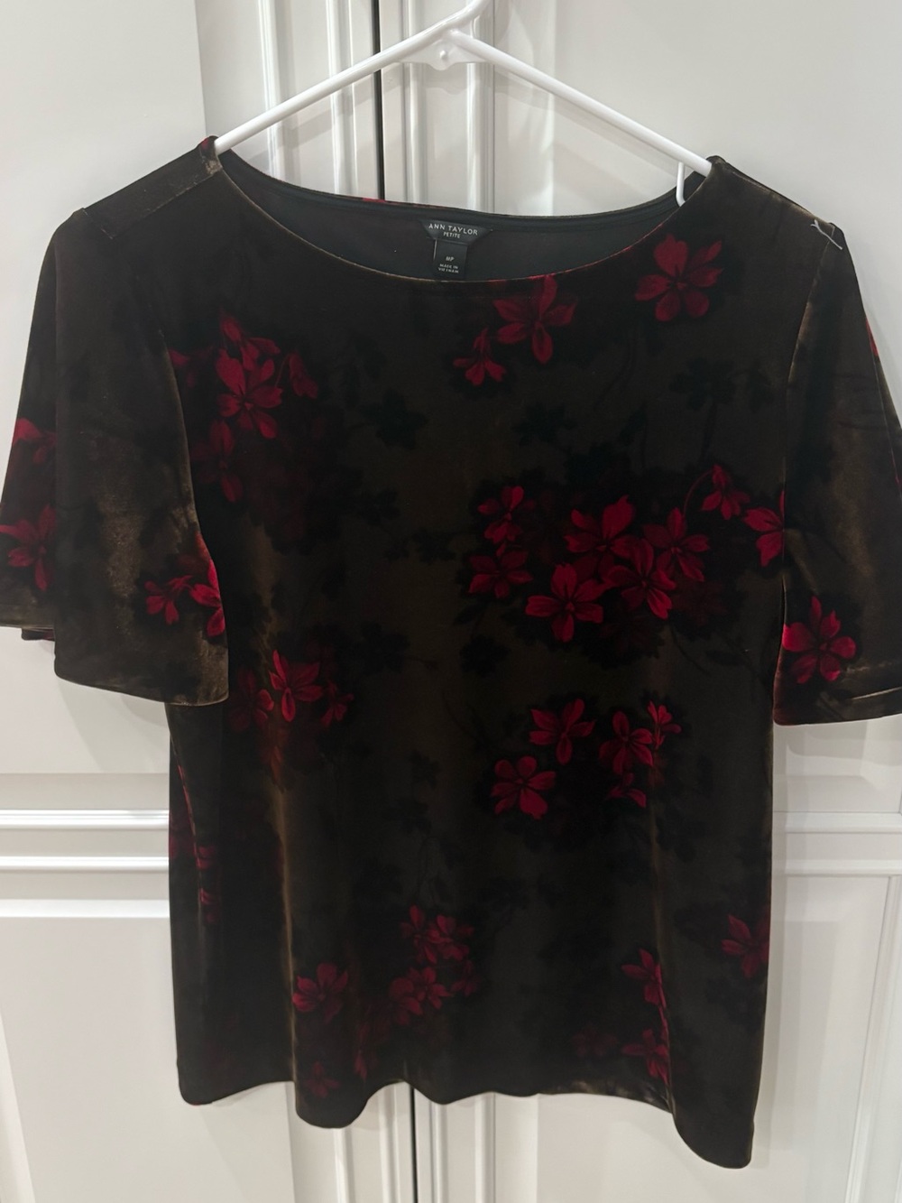 Ann Taylor Brown Velvet Floral Short-Sleeve Top - with Red Flowers